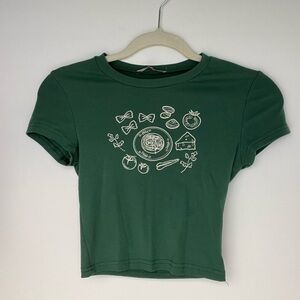 Forest Green Graphic Baby Tee with Pasta & Tomato Print